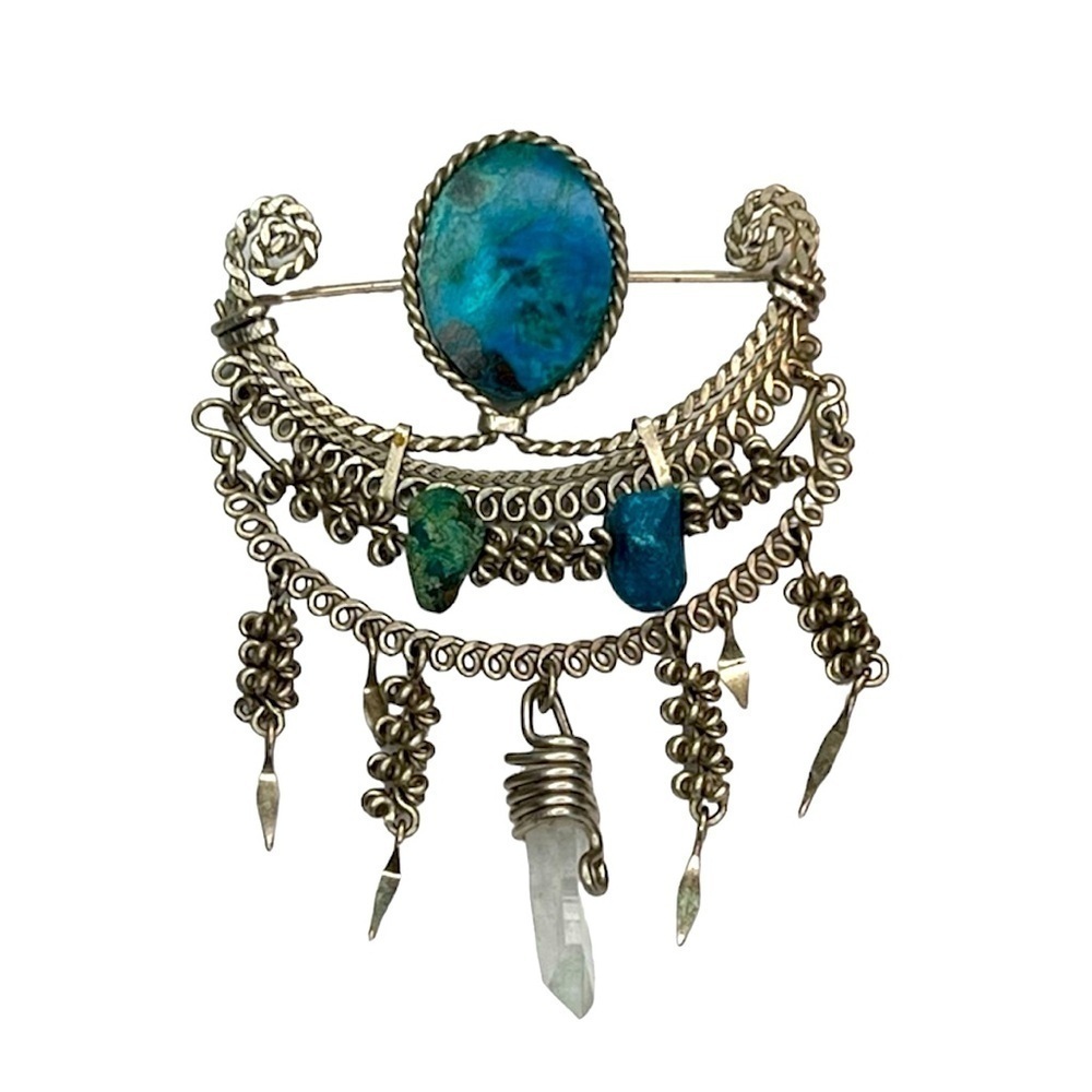 Vintage Peruvian Silver Scroll Wire Crystal Brooch Lapel Pin Chrysocolla Large
